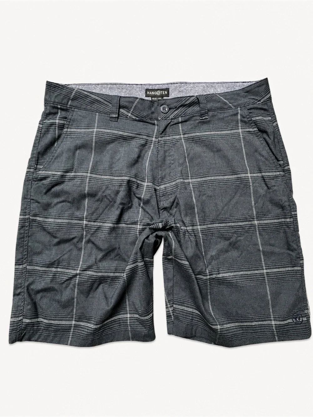 Hang in Ten Men’s Plaid Shorts Size 38 Gray Casual Hybrid Flat Front Quick-dry